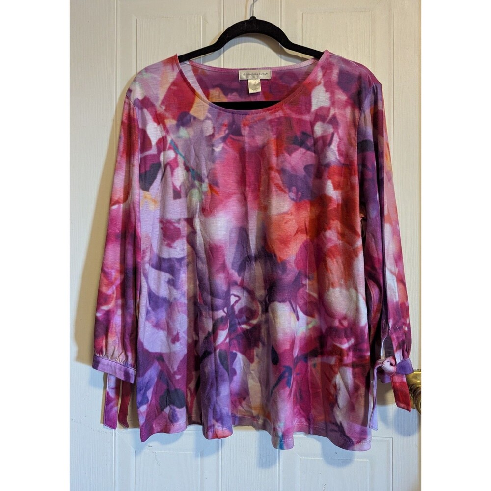 Christopher & Banks Women's XL Floral Scoop Neck Pullover Top 3/4 Tie-Cuff